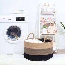 Cesto de cuerda tejida con asas para lavandera, multiusos, cesta de lavandera plegable tejida, Cesta de Almacenamiento para Ropa Sucia Beige y negro - Beige y negro - Ver 7