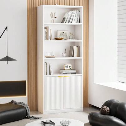 72" Tall Book Shelf Bookcase With Doors, Floor Standing 7 Tier Bookshelf Display Shelves, Bookshelf With Storage Cabinet, Home Decor Furniture For Living Room Bedroom And Home Office