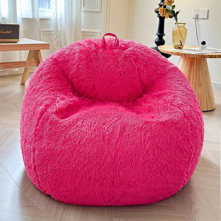 Fluffy Stuffed Animal Storage Bean Bag Chair Cover(No Filler), Faux Fur Washable Soft Bean Bag Cover For Plush S Or Textile, Plush Shaggy Large Bean Bag For Adults Teens, Hot Pink,23964984 - 玫紅色 - 查看 1