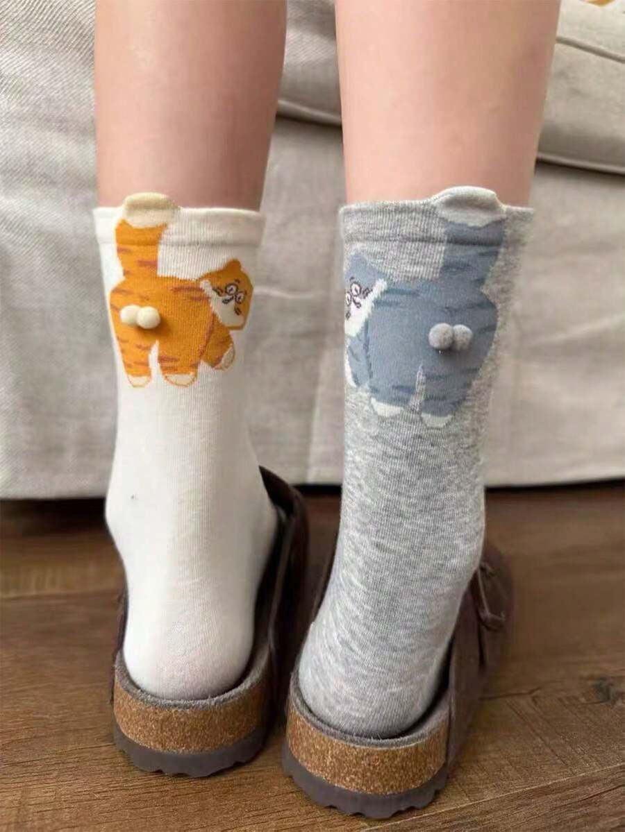 1/2/3 Pairs Of Ladies' Socks For Autumn And Winter, Cute Cats With Random Styles, Interesting Stockings With Bell Patterns, Christmas, Back To School, - Multicolor - View 1