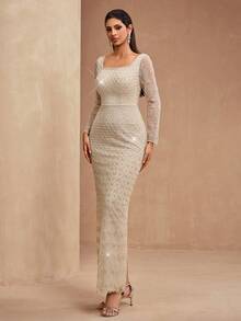 New Luxury Elegant Women's Formal Gown With Sequins, Lace Patchwork, Adjustable Back Tie, Front Slit, Suitable For Formal Events, Parties, Weddings, Red Carpet, Valentine's Day - 杏色 - 查看 7