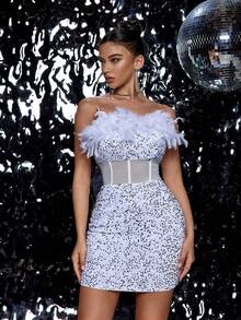 Velvet Sequin Mesh Feather Patchwork Backless Mermaid Zipper Closure Fitted Cocktail Party Dress - White - View 7