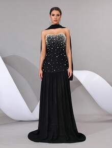 Black Strapless Beaded Pearl Decor Long Dress With Cape Overlay Perfect For Prom, Bridesmaid And Evening Party - Black - View 1