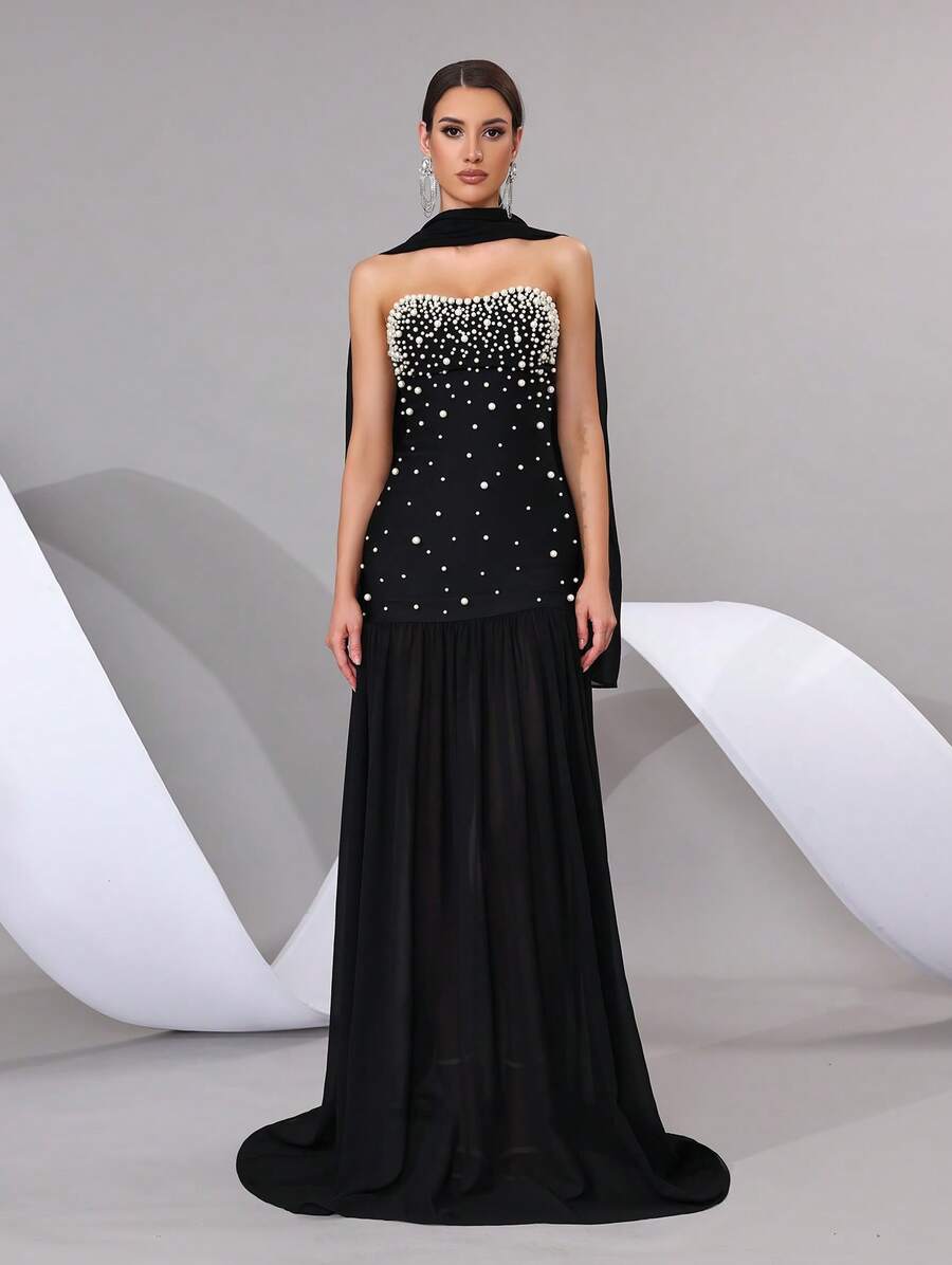 Black Strapless Beaded Pearl Decor Long Dress With Cape Overlay Perfect For Prom, Bridesmaid And Evening Party - Black - View 1