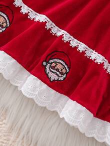 1 pezzo Vestito elegante bianco da ragazza con colletto Peter Pan, maniche lunghe, decorazione in pizzo a tema Babbo Natale, adatto per autunno/inverno - Rosso - Visualizzare 4
