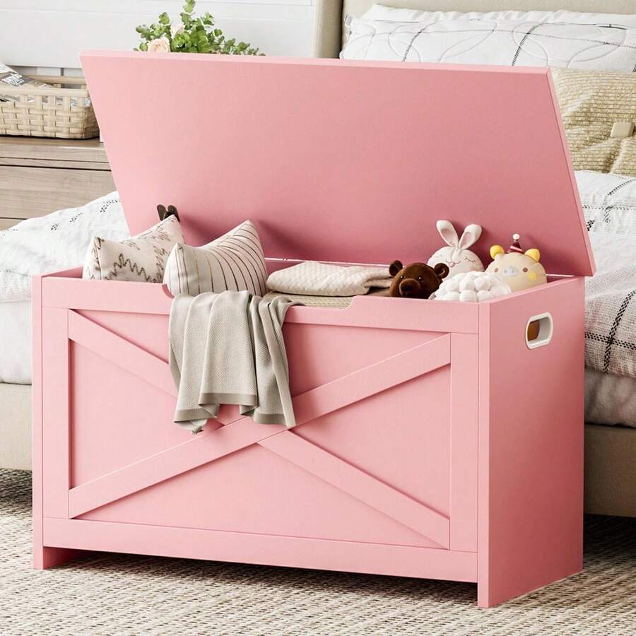 Huisuilinss Storage Chest,Storage Bench With Safety Hinges,Farmhouse Large Toy Chest,15.8x30x17.7 Inches,Storage Trunk For Entryway,Bedroom,Living Room - Pink - View 1