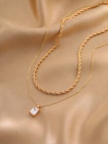 Tkool 2 件套优雅欧式奢华扭纹链方形锆石吊坠项链套装，适合女士 - 金黃色 - 查看 2