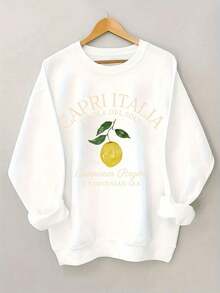 Lemon Print Sweatshirt, Crew Neck Casual Sweatshirt For Winter & Fall, Women's Clothing Unisex Loose Oversized Sweatshirt, Girl's Boyfriend Style Outfit, Casual Versatile Long Sleeve Jacket - trắng - Xem 5