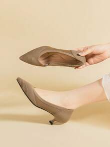 1 Pair Of Pointed Toe Shallow Mouth Women's Elastic Mesh Splicing Knitted Breathable Kitten Heel Large Size High Heel Solid Color Single Shoes For Women Suitable For Daily Leisure Office Banquet And Other Places - 深杏 - 查看 1