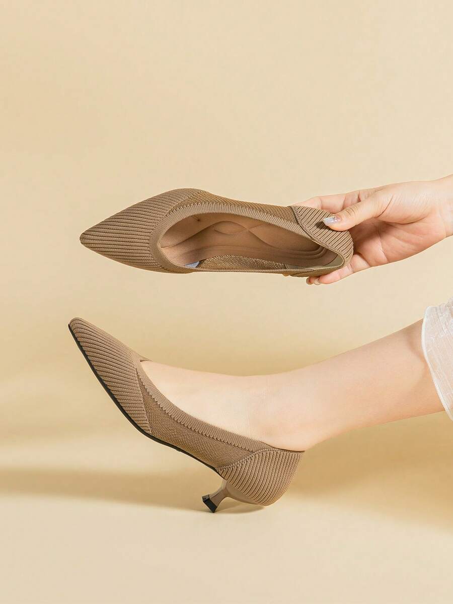 1 Pair Of Pointed Toe Shallow Mouth Women's Elastic Mesh Splicing Knitted Breathable Kitten Heel Large Size High Heel Solid Color Single Shoes For Women Suitable For Daily Leisure Office Banquet And Other Places - 深杏 - 查看 1