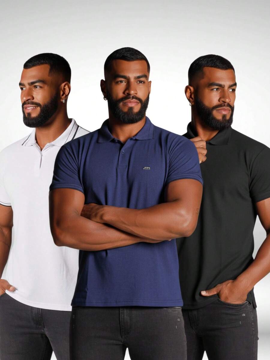 Kit 3 Camisas Gola Polo Masculina Pique Premium Confortável - Azul Marinho - Visão 1