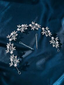 鑲嵌葉形水鑽和仿珍珠裝飾新娘髮箍，優雅的頭飾