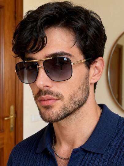1pc Retro Casual Metal Framed Aviator Fashion Glasses For Men, Fashion Accessory For Daily Wear, Outdoor Travel, Beach, Black Double Bridge Aviator Frame