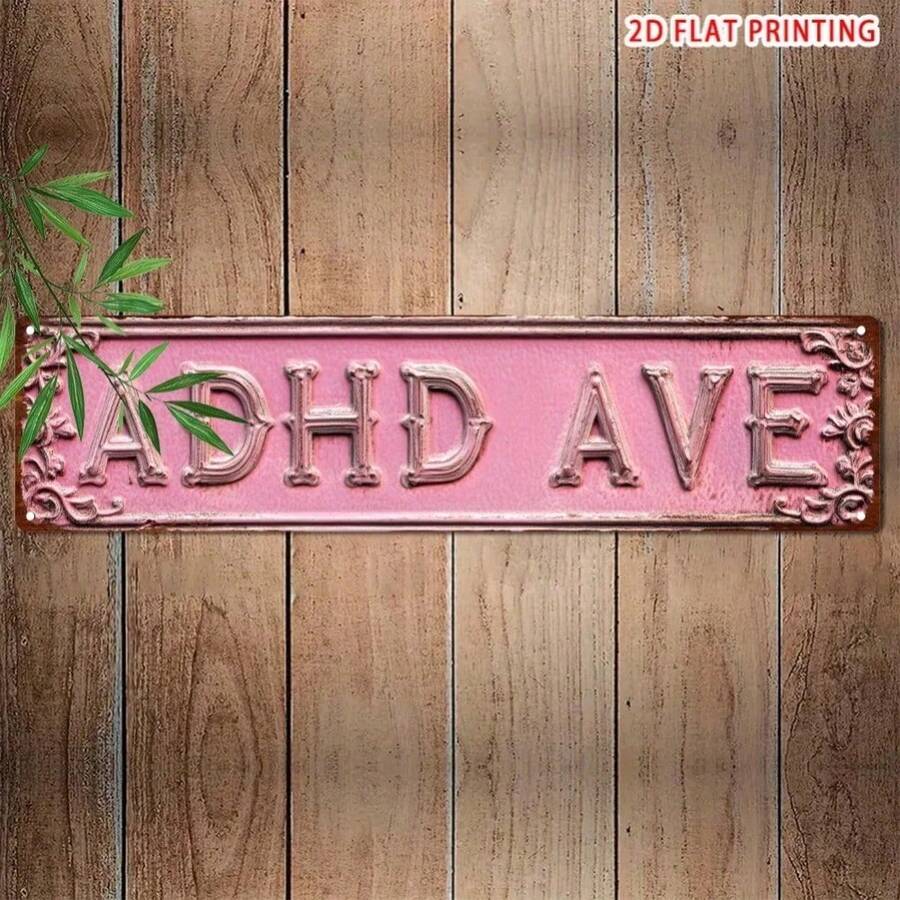 "Vintage 'ADHD AVE' Retro Metal Tin Sign – Pink 2D Flat Wall Decor For Rock Zone, Bar, Garage & More | Cute Holiday & Home - Nhiều màu - Xem 1