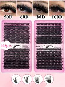 640/608pcs C-Curl Eyelash Extension Kit, Super Curly Lash Extension Set, Multi-Style Eye Makeup, Suitable For Beginners, 8-16mm Mixed Length, Natural, Cluster, Fluffy, Thick, Mixed Styles, Self-Adhesive, Reusable Lash Clusters, Lash Clusters, Individual Lashes, False Eyelashes - C - View 1