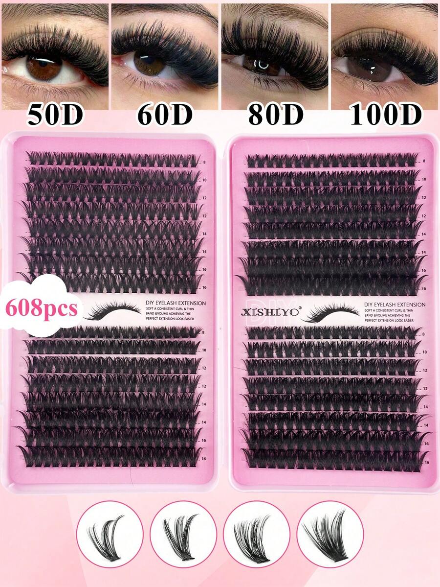 640/608pcs C-Curl Eyelash Extension Kit, Super Curly Lash Extension Set, Multi-Style Eye Makeup, Suitable For Beginners, 8-16mm Mixed Length, Natural, Cluster, Fluffy, Thick, Mixed Styles, Self-Adhesive, Reusable Lash Clusters, Lash Clusters, Individual Lashes, False Eyelashes - C - View 1