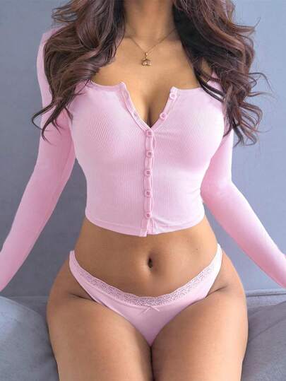 Sulojter Camiseta de punto con botones delanteros, parches de encaje y unicolor en estilo sexy Y2K, adecuada para vacaciones y playa