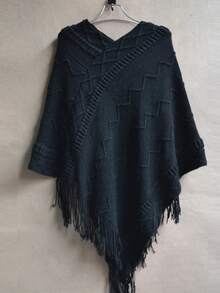 1pc Solid Color Hollow Out Bat Wing Tasseled Knit Poncho For Dress