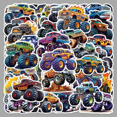 50PCS Monster Truck Stickers - Beautiful Stickers Pack, Suitable For Scrapbooking, Water Bottles, Skateboards, Diaries, Laptop, Tablet, Refrigerator, Suitcases, Gift Bags, Envelope Seals, Party Decoration Stickers