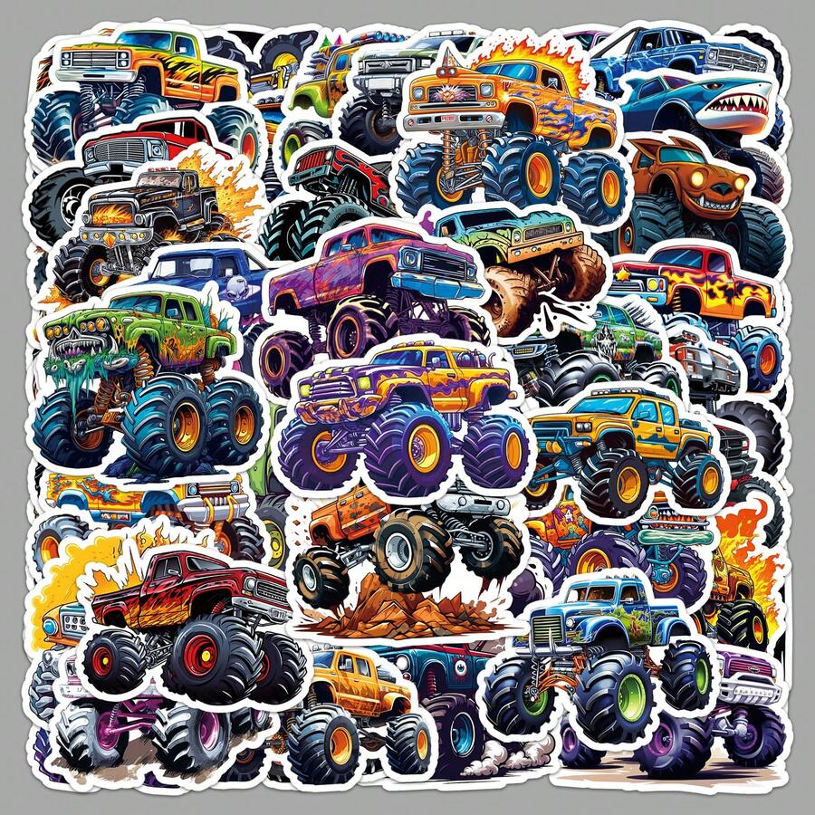 50 PIEZAS Pegatinas de Monster Truck - Hermoso paquete de pegatinas, adecuado para scrapbooking, botellas de agua, patinetas, diarios, portátiles, tabletas, refrigeradores, maletas, bolsas de regalo, sellos de sobres, decoración de fiestas - Multicolor - Ver 1