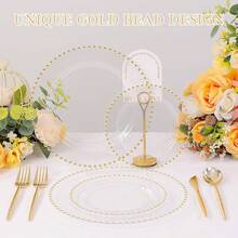 100pcs Plastic Plates With Gold Beads Plates Heavy Duty Party Supplies Includes 10.25inch Dinner Plate And 7.5inch Dessert Disposable Plate For Party,Wedding,Bridal Showers - Trong sáng - Xem 5