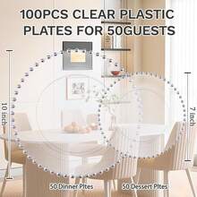 100pcs Plastic Plates With Gold Beads Plates Heavy Duty Party Supplies Includes 10.25inch Dinner Plate And 7.5inch Dessert Disposable Plate For Party,Wedding,Bridal Showers - 銀色 - 查看 3