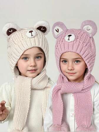 1 st barnmössa med öronlappar, varm tjock stickad mössa för höst/vinter med söt björndesign, halsduk på, lämplig för 8-12 år gamla barn, vardags- och utomhusbruk