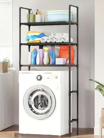 1件装三层黑色马桶置物架，洗衣机和烘干机上方置物架，垂直洗衣房收纳架，适用于马桶、洗衣机和烘干机上方，节省空间的多功能置物架（阳台/洗衣房） - 落地式多层置物架，坚固的金属框架，节省空间的浴室收纳架，可存放洗发水、肥皂和卫生用品