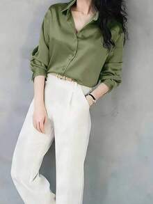 Plus-Size Women's Solid Color Casual Luxury Loose Version Long-Sleeved Shirt, Winter Party Style. Women's Elegant And Changeable Draping Retro Long-Sleeved Satin Top, Elegant Style In All Seasons, Suitable For Daily Airport Office Wear Halloween Christmas New Year Thanksgiving Party Street