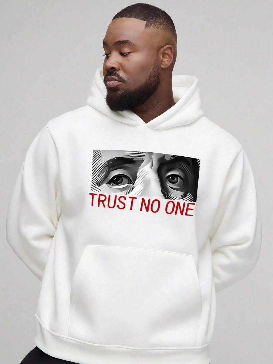 Men's Hooded Sweatshirt, Suspense Warning Theme, _TRUST NO ONE_ Slogan + Close-Up Eye Pattern, Printed Sweatshirt, Comfortable And Soft, Unisex Hoodie, Great Choice For Gifts, Vacation, And Home Use,,Fall Hoodies,Men's Fall Clothes,Street Wear,Halloween,Mens Hoodies,Y2k Clothes,Jesus Hoodie,Thanksgiving Day,Nightmare Before Christmas,Christmas - 白色 - 查看 1