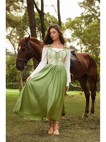 Medieval Renaissance Gown - Women's Floral Peasant Dress With Elegant Bell Sleeves, Festival Formal Dress - 鸚鵡綠 - 查看 3