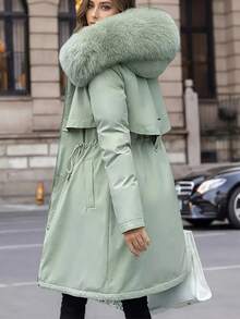 2025冬季新款女士夹棉大衣欧美中长款大毛领保暖内衬派克大衣时尚度假外套 - 綠色 - 查看 7