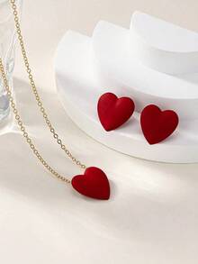 1 Pc Women's Fashionable Red Heart Pendant Necklace, 1 Pair Women's Fashionable Red Heart Stud Earrings - 紅色 - 查看 4