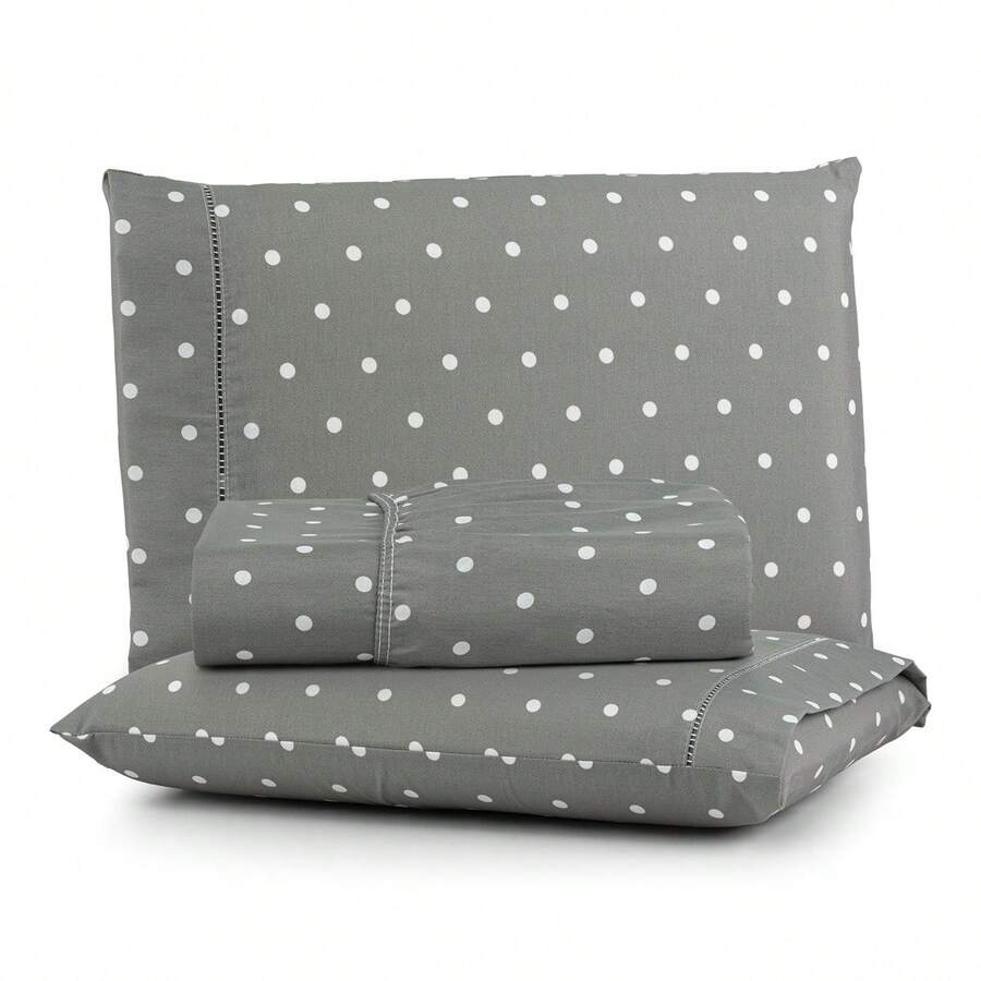 Premium Printed Fitted Sheet Set With Elastic + Pillowcases, 200 Thread Count, Single, Full, Queen And King Sizes, Hypoallergenic - Gray Polka Dots - View 1