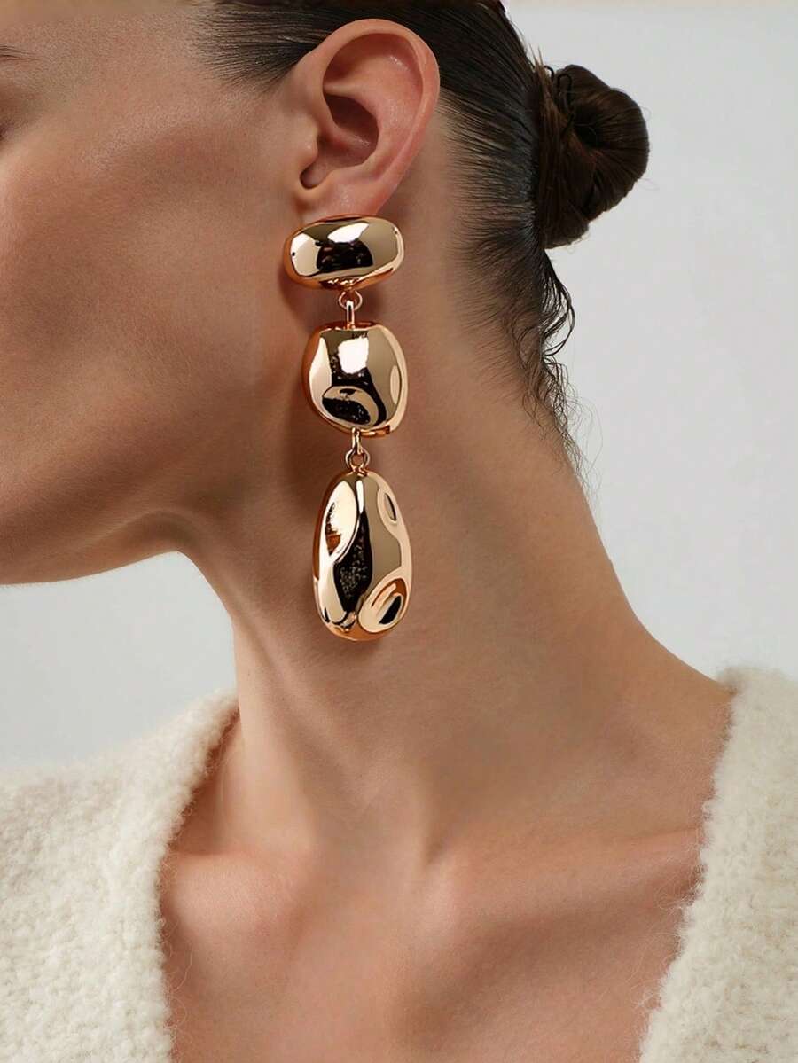 1 Pair Minimalist Versatile Geometric Asymmetrical Shiny Textured Mixed Metal Pendant Dangle Long Earrings, Women's Everyday Party Jewelry - Yellow Gold - View 1