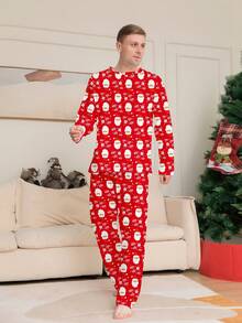 Lo Rrtta 2pcs Santa Claus & Celebration Letter Print Graphic Crew Neck Long Sleeve Men's Pajama Set, Fall & Winter Clothes - Multicolor - View 4