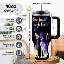 1pc Large Capacity Thermal Tumbler With Handle & Straw Rainbow Live Laugh Love Galaxy Cats Printed Water Bottle Suitable For Women, Students, Office, Travel, Car - Perfect Gift For Animal Lovers - Đen và trắng - Xem 3