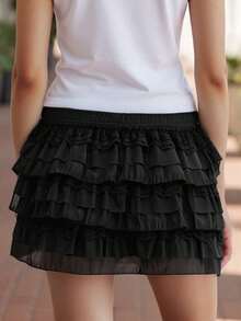 Women Y2k Lace Layered Mini Skirt Low Rise Ruffle Short Tiered Skirt Cute Aline Multi Layer Cake Skirts - 黑色 - 查看 9