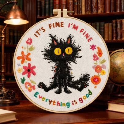 DIY Embroidery Kit - Lucky Black Cat, 3 Chickens Pattern, Home Decor Painting, Includes Printed Fabric, Needles, Tools, Handmade Gift, Wall Decoration