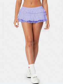 Women Lace Trim Ruffle Hem Micro Mini Skirts Elastic Low Waist Y2k Lace Layered Short Skirts Ruched A-Line Cute Tiered Ruffle Skirts Halloween/Christmas Costumes - 紫色 - 查看 3