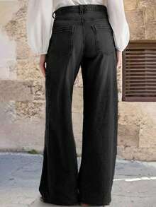 High-Waisted Minimalist Elegant Elegant High Street Women's Straight Leg Jeans, Washed Solid Color With Embroidered Pocket Design - Hitam - View 4