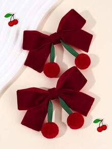 2 piezas Lazos de terciopelo burdeos de Navidad para mujeres y niñas, adorables clips para el cabello con borlas y cerezas, clips de cocodrilo de color rojo sólido, regalo de accesorios para el cabello para niñas pequeñas en el Día de San Valentín