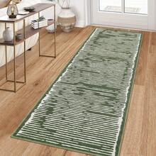 Machine-Washable, Modern Style Rug, Striped Pattern Rug, Low Pile, Non-Shedding/Non-Slip And Stain-Resistant, Suitable For Living Room, Study, Office, Bedroom (Green) - 綠色 - 查看 6