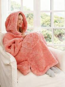 大码休闲浴袍、居家懒人连帽毛衣毯、纯色连帽法兰绒睡袍、女士家居睡袍、女士浴巾、宽松长袖柔软毛绒保暖睡袍、适合少女、秋冬家居服舒适优雅细节、秋冬、带口袋的宽松加大懒人毯 - 彩色 - 查看 6