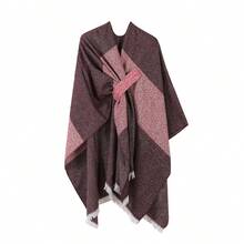 Womens Knitted Ponchos Contrast Color Diagonal Tie Tassel Hem Details Capes Shawls For Cool Weather - Red - View 6