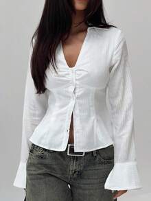 Women V Neck Button Down Slim Shirt Y2K Long Bell Sleeve Collared Fitted Crop Top Work Blouse Party Shirts - 白色 - 查看 2