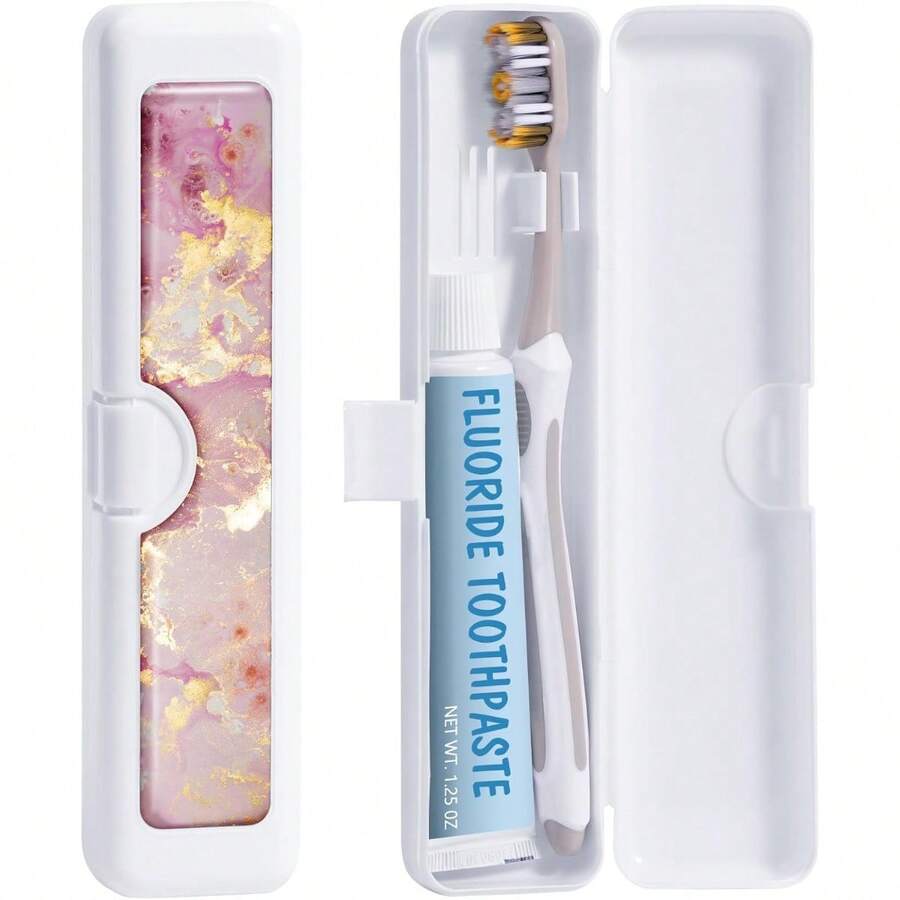 Estuche de viaje para cepillo de dientes - Patrón, soporte y cubiertas para cepillos de dientes, incluye estuche para rascador de lengua - Mármol en polvo de oro - Ver 1