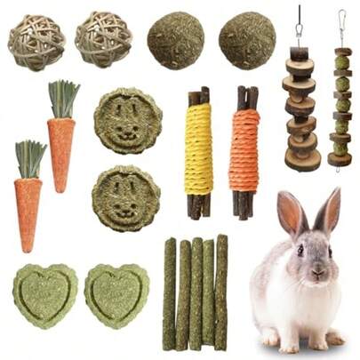 19 PCS Natural Rabbit Toys Hamster Chew Toys Boredom Breakers Timothy Hay Sticks Circles Apple Wood Stick Treats Balls For Rabbits Bunny Small Pet Che