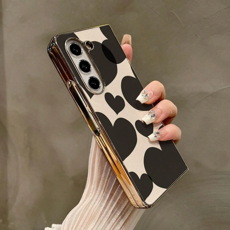 Luxury PU Leather Case, Leather Texture Feel Graphic Strip, Plaid And Hearts Print Foldable Mobile Phone Case Compatible With Sam Galaxy Z FLIP FLOP 3 4 5 6 Gold Plated PC Cellphone Protective Shell Design For MOTO RAZR 40 50 60 ULTRA - 黑心 - 查看 1
