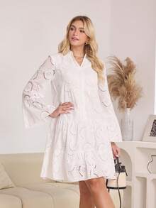 Elegant Women's White Short Dress Notched Neck Long Flare Sleeve Ruffle Flounce Hem With Eyelet Embroidery Details Non-Stretch Fabric Casual Boho Style - trắng - Xem 5